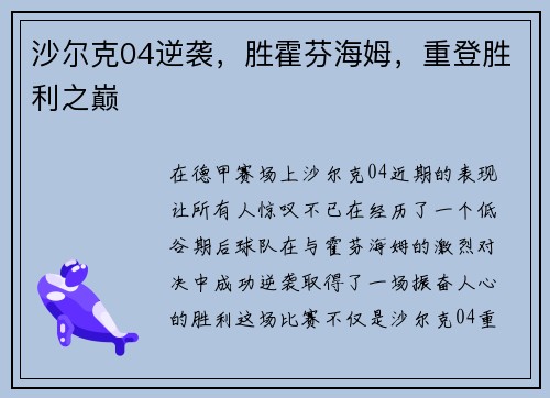沙尔克04逆袭，胜霍芬海姆，重登胜利之巅