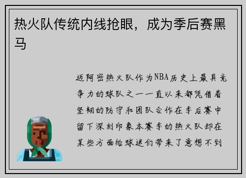 热火队传统内线抢眼，成为季后赛黑马