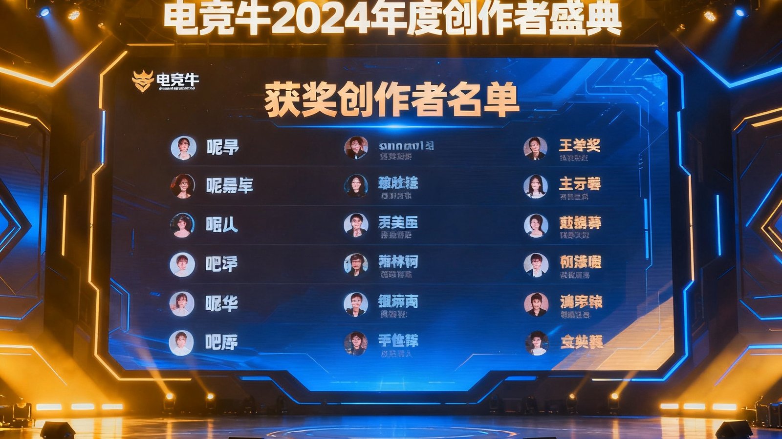 电竞牛2024年度创作者盛典现场，舞台大屏展示获奖创作者名单