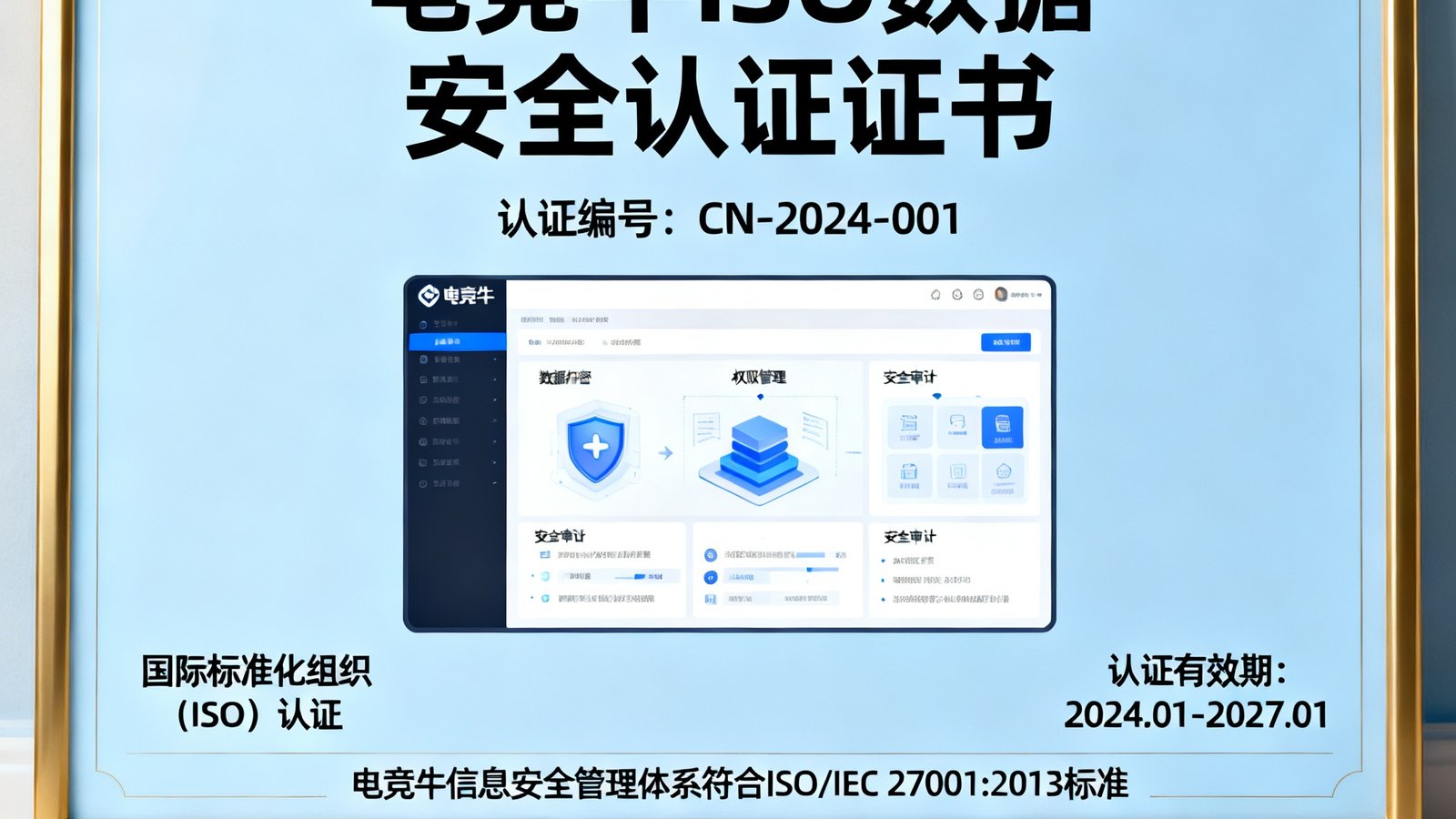 电竞牛获得的ISO数据安全认证证书展示，体现平台信息安全管理水平