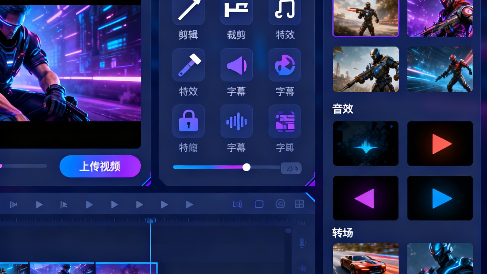 电竞牛二创视频上传与编辑界面，展示视频剪辑工具和素材库