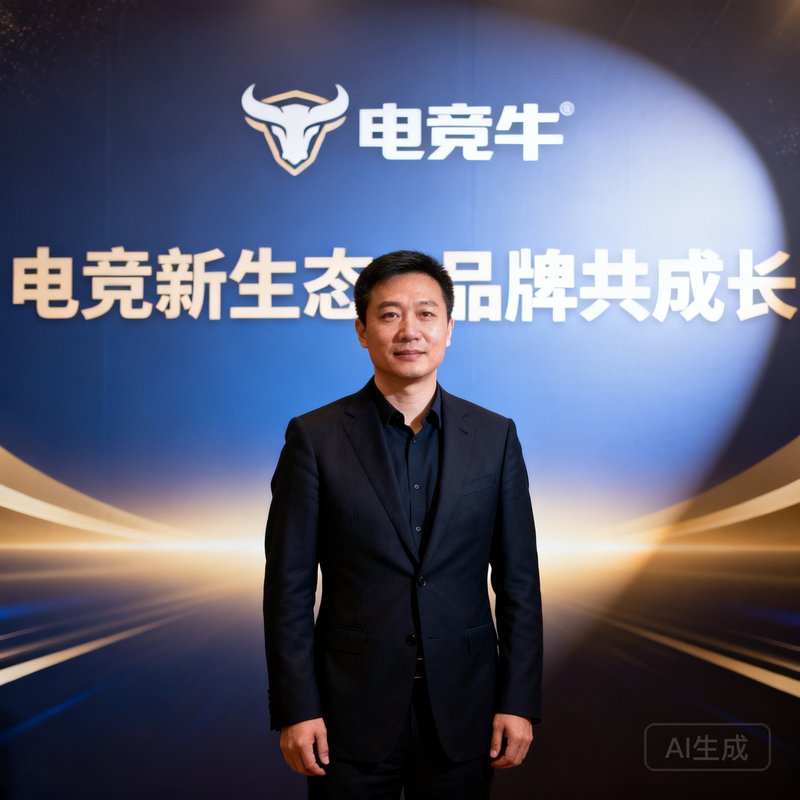 电竞牛市场副总裁赵一帆商务照，身穿西装站在品牌活动背景板前